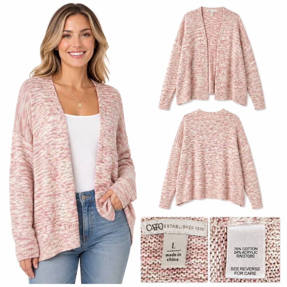 Cato Pink White Marled Open Front Cardigan Size L